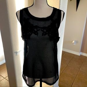 Trouve black mesh top swimsuit coverup floral appliqué Size M